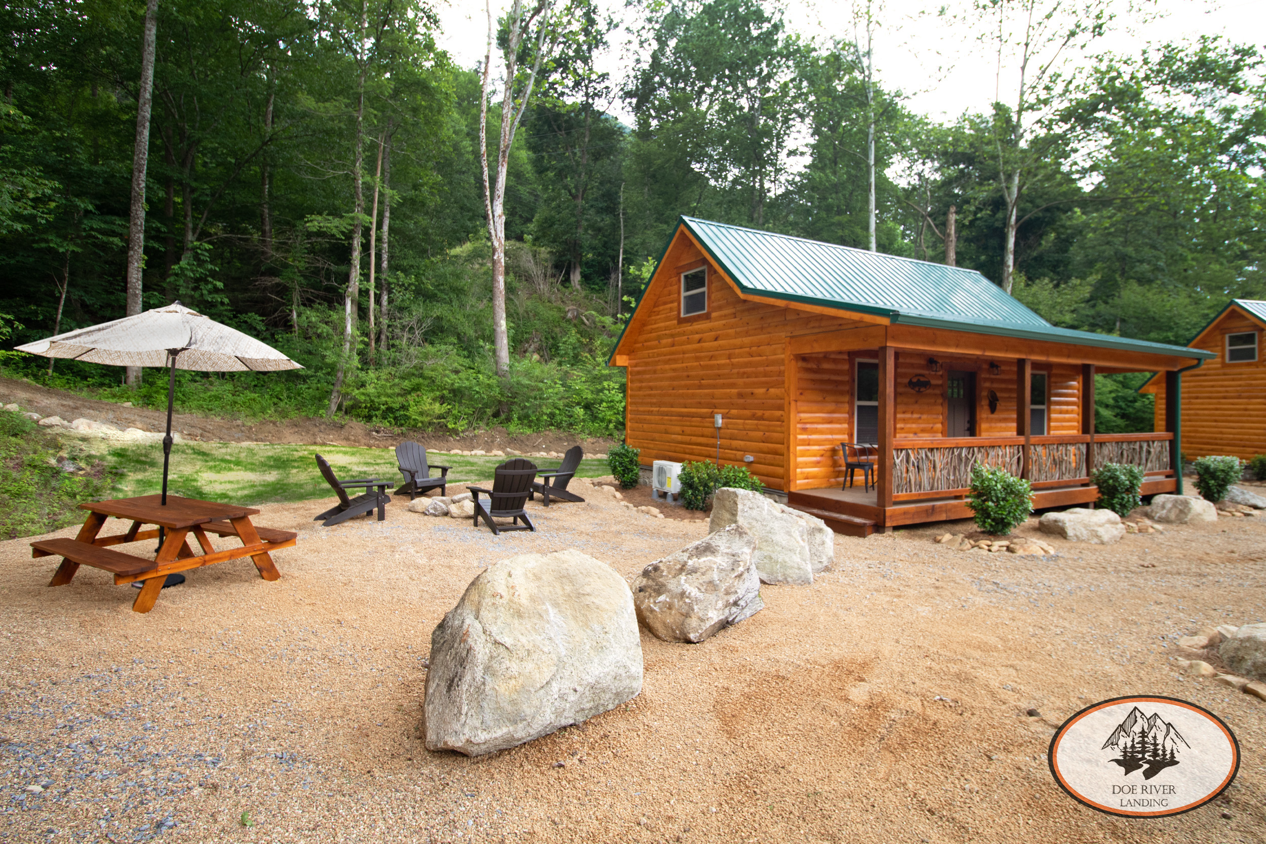 Doe River Landing campground in Roan Mountain, TN. Best vacation rental near Elizabethton, TN and Johnson City TN. Rainbow Trout Cabin private riverside campsite with fire pit, picnic table, grill, and umbrella