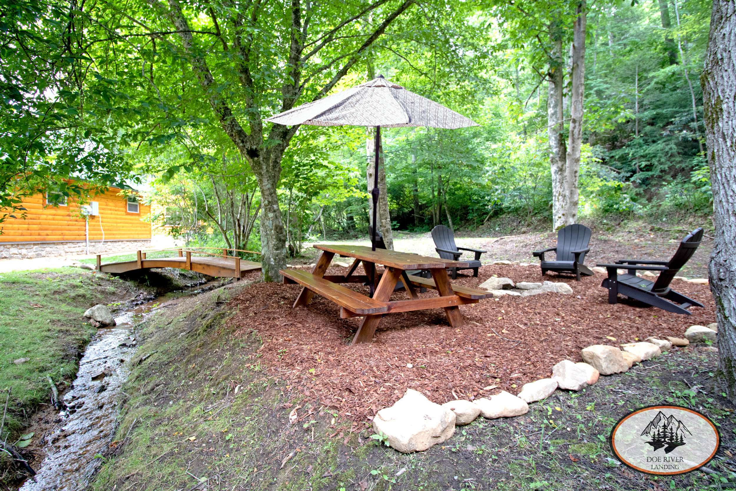 Doe River Landing campground in Roan Mountain, TN. Best vacation rental near Elizabethton, TN and Johnson City TN. Brown Trout Cabin private riverside campsite with fire pit, picnic table, grill, and umbrella.