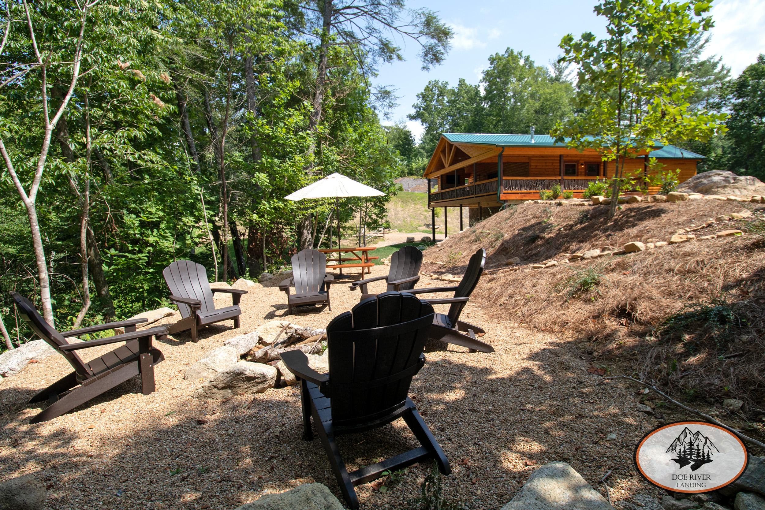 Doe River Landing campground in Roan Mountain, TN. Best vacation rental near Elizabethton, TN and Johnson City TN. Bear Cub Cabin private riverfront campsite with fire pit, picnic table, and umbrella.