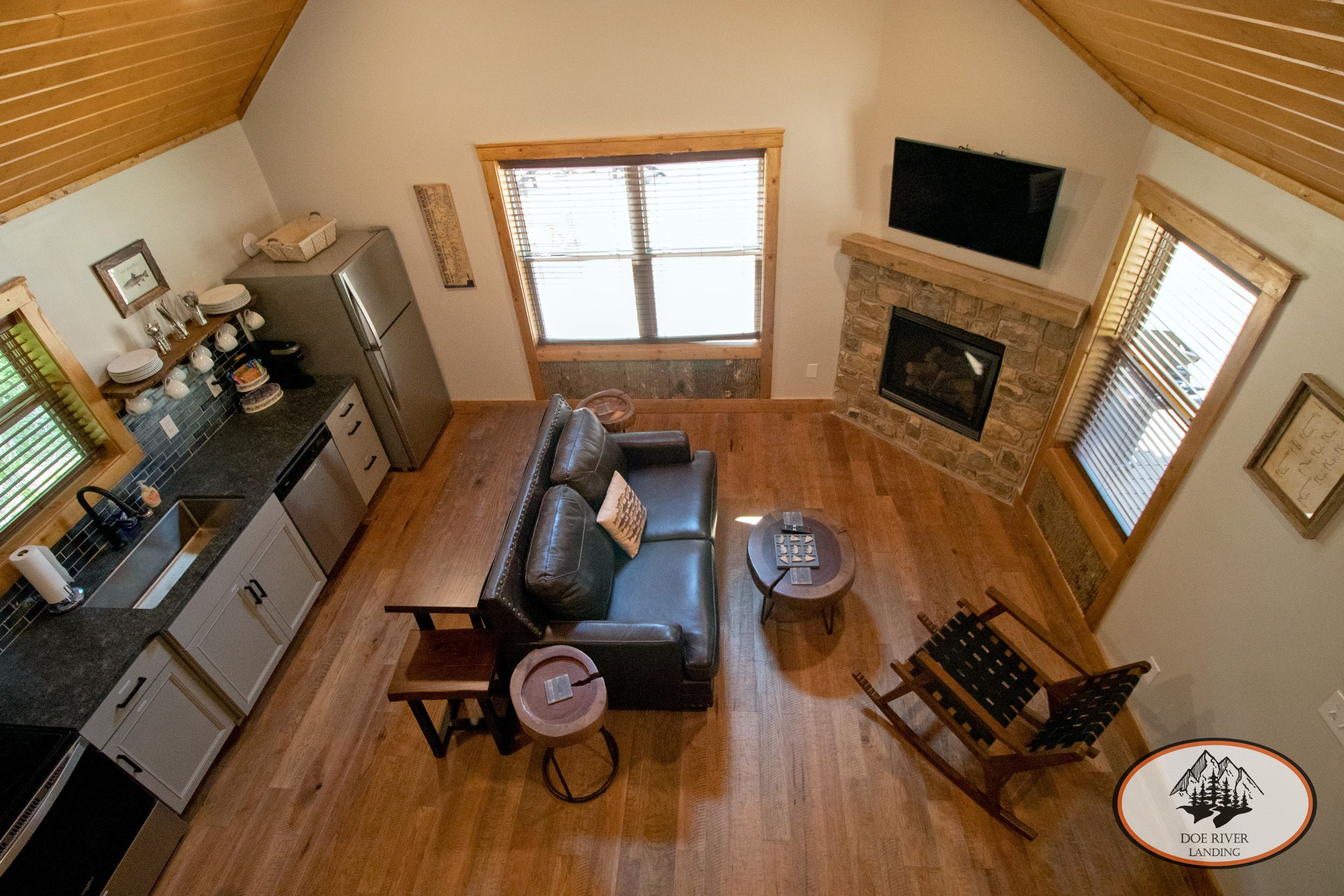 Doe River Landing campground in Roan Mountain, TN. Best vacation rental near Elizabethton, TN and Johnson City TN. Trout Cabin riversideluxury cabin features a loft, fully furnished living area and kitchen.